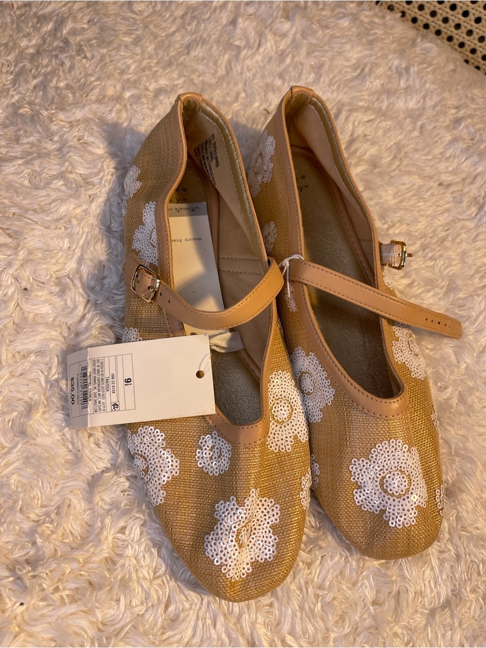 a new day Tan Mary Jane Flats with White Sequin Floral Accents